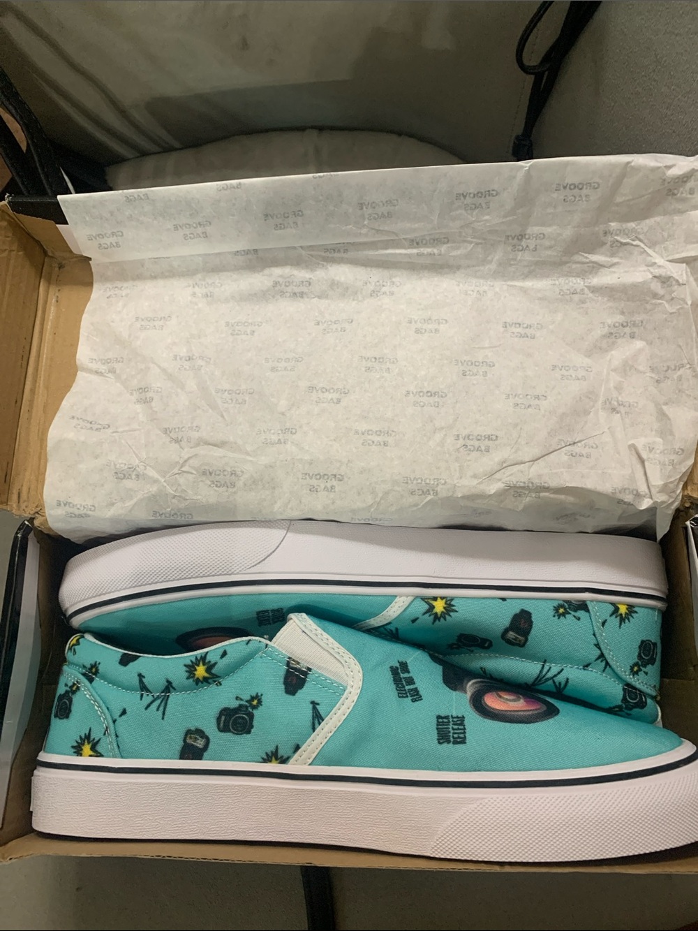 groove Aqua Turquoise Camera Print Slip-On Sneakers